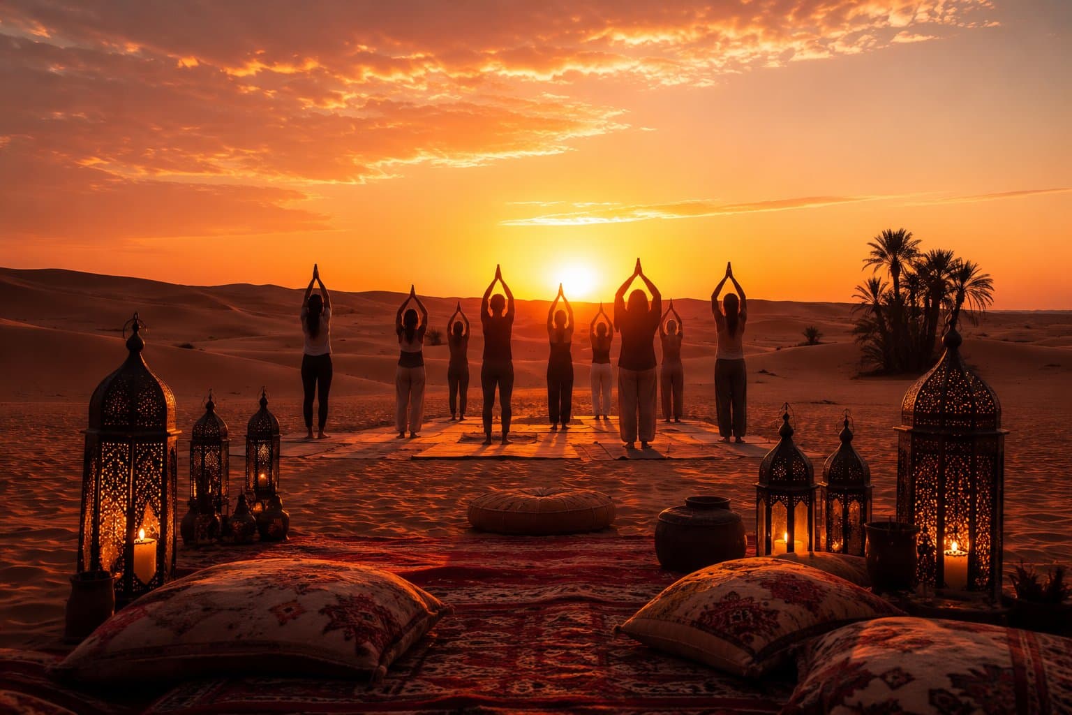 Yoga Retreat Marocco 2026 · Gruppo di yogini in pratica al tramonto a Marrakech con Silvia Ghigliazza